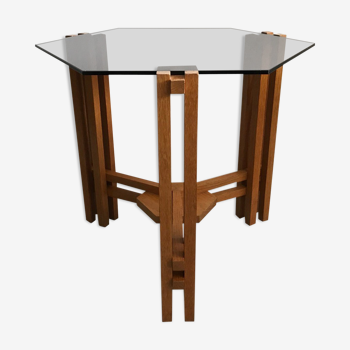Table d’appoint moderniste néerlandaise en bois et en verre hexagonale des années 1960