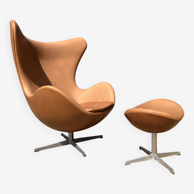 Fritz Hansen Egg Chair + Ottoman, Camel Cognac leder 1968 !!