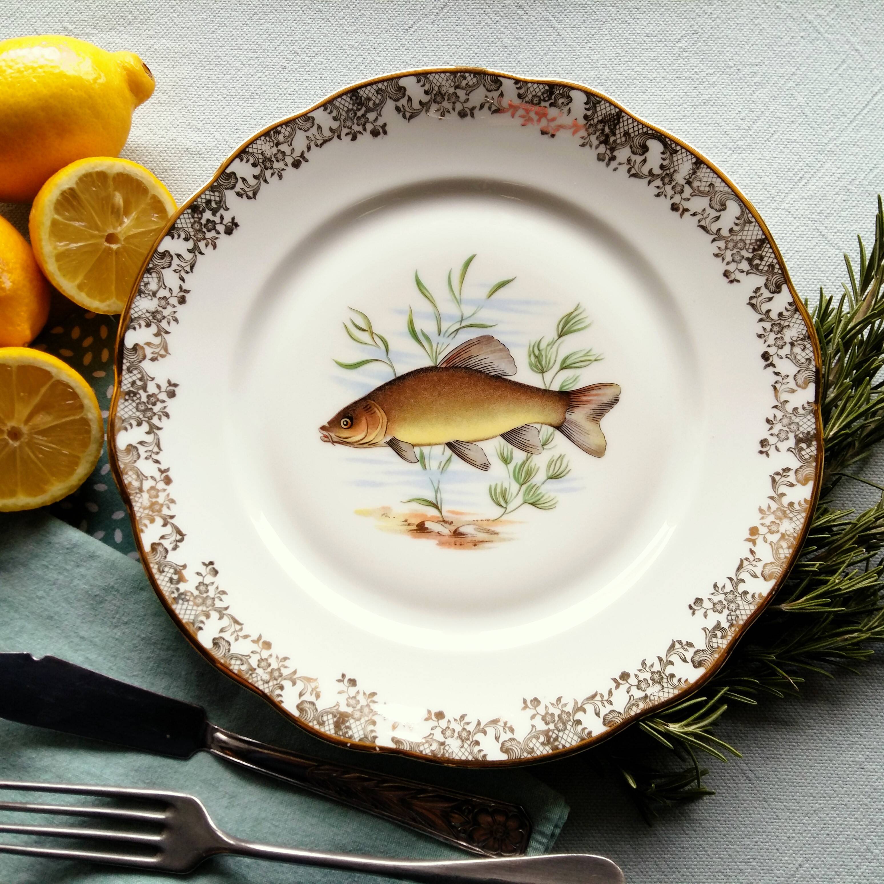 Set of four fish plates. vintage french fish plate set.