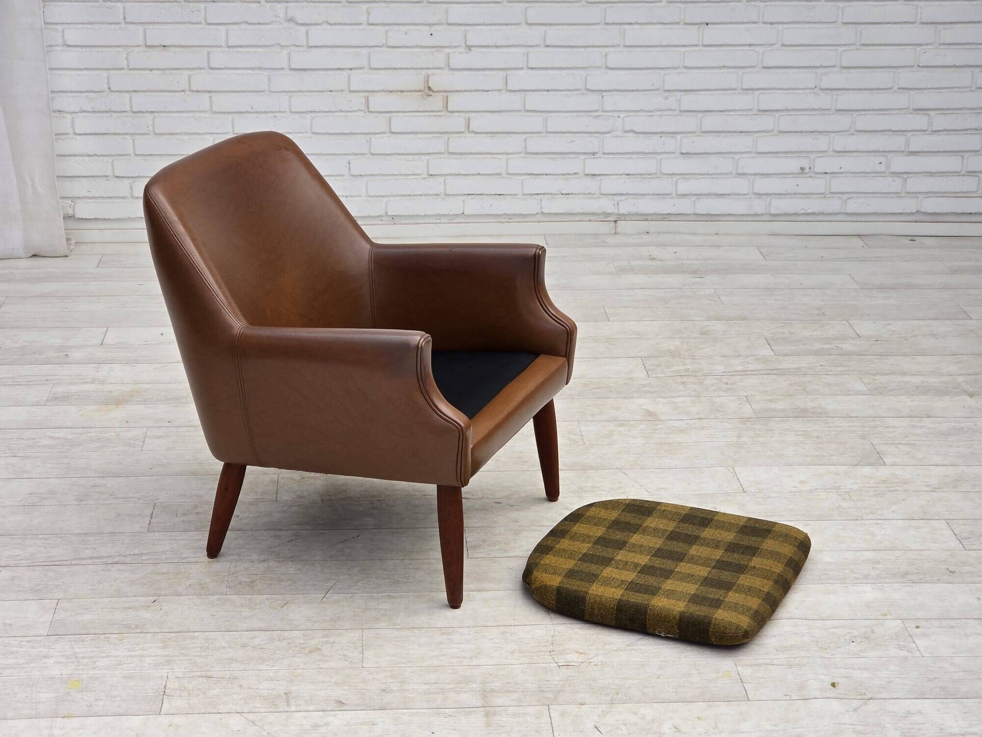1970s, Danish armchair, artificial leather, teak wood legs.