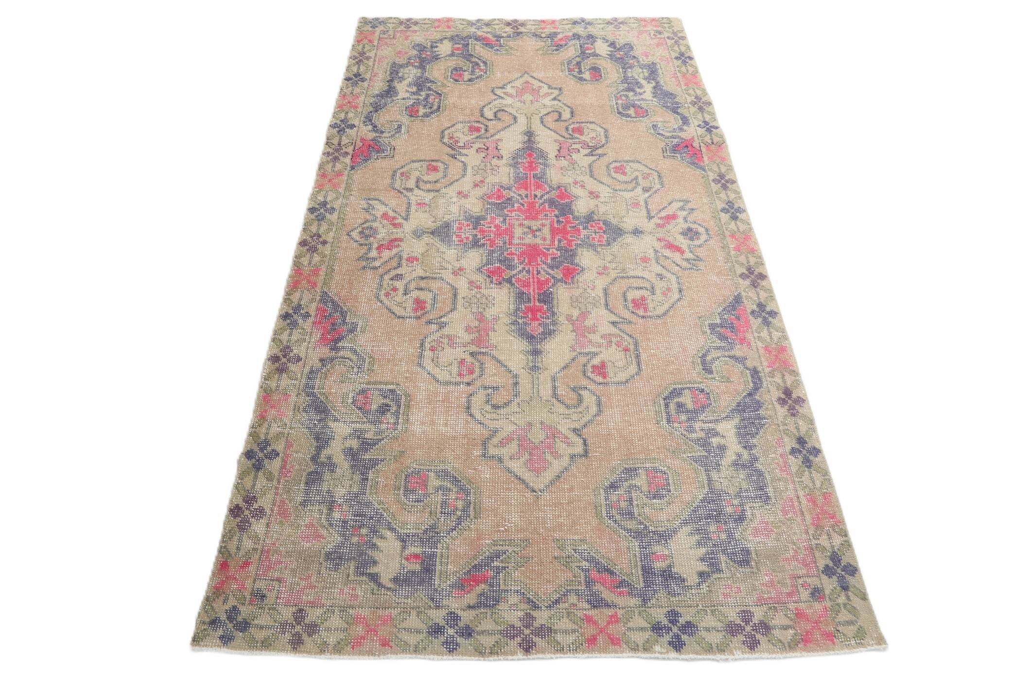 Turkish Cream Pink Oriental Vintage Rug, 121x208Cm