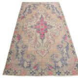 Turkish Cream Pink Oriental Vintage Rug, 121x208Cm