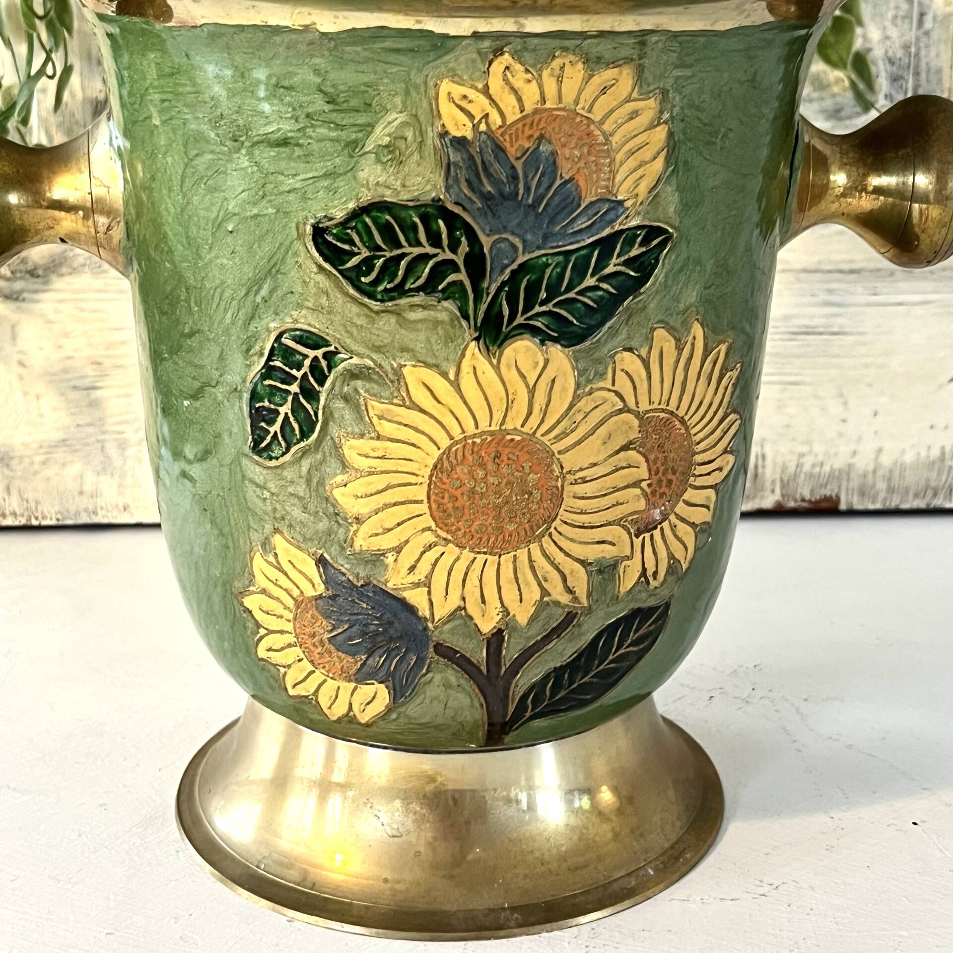 Vintage brass and green enamel cloisonné champagne cooler with sunflow