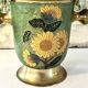Vintage brass and green enamel cloisonné champagne cooler with sunflow