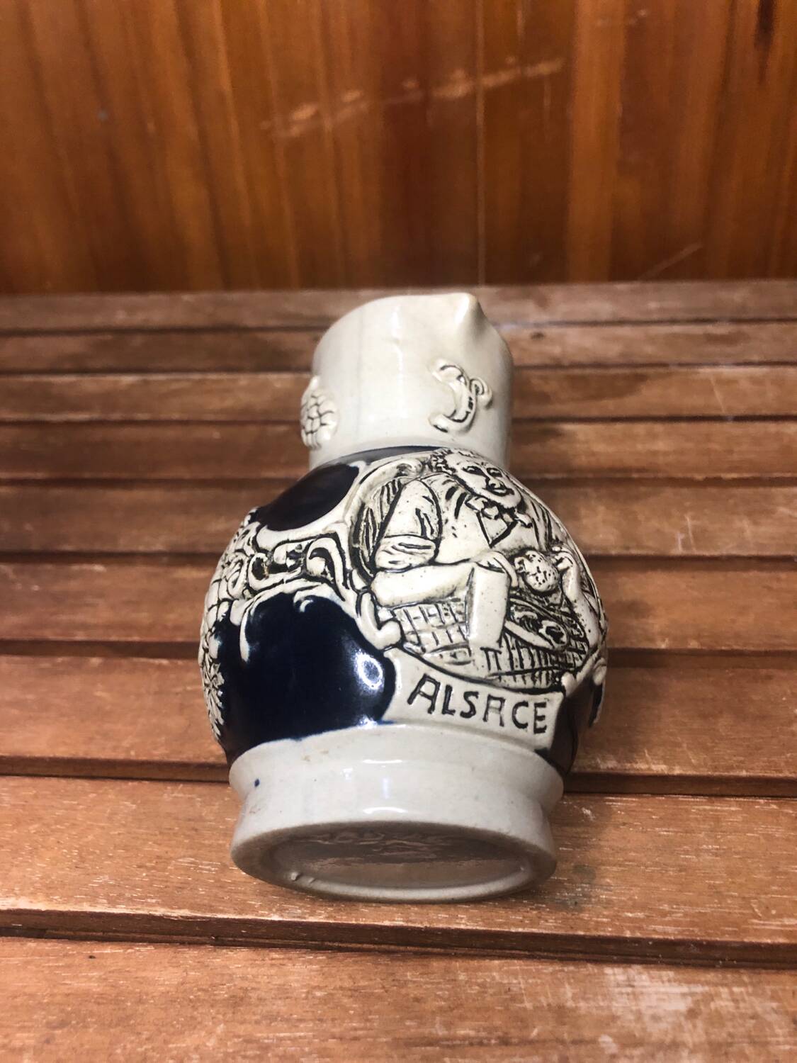 Old alsace ceramic pitcher gray blue vintage vines decor