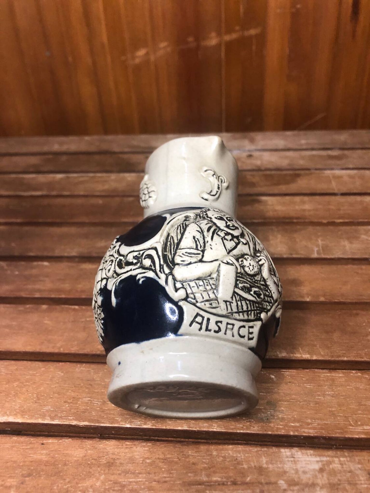 Old alsace ceramic pitcher gray blue vintage vines decor