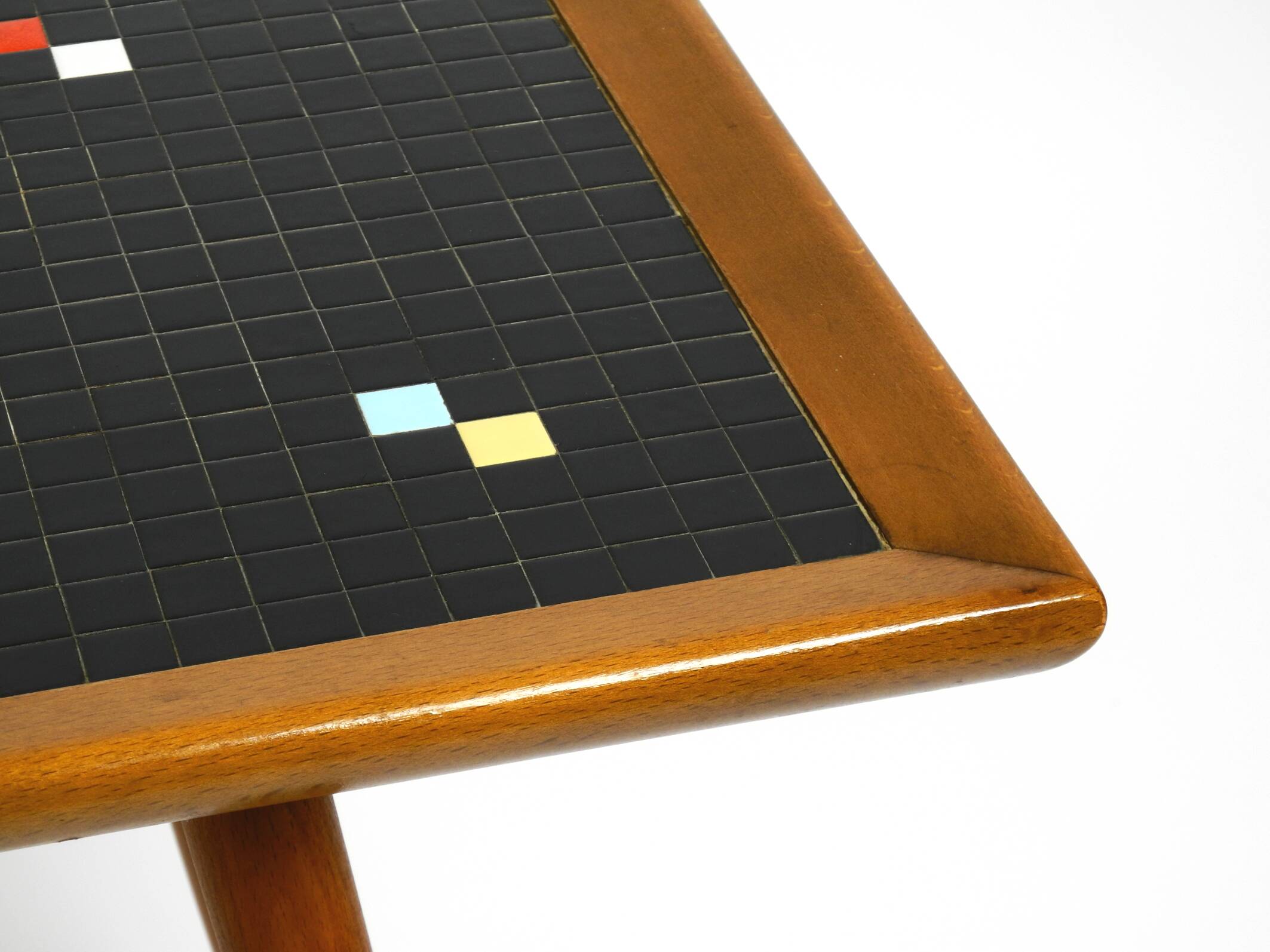Beautiful long Mid Century walnut wood coffee table with a mosaic surface
