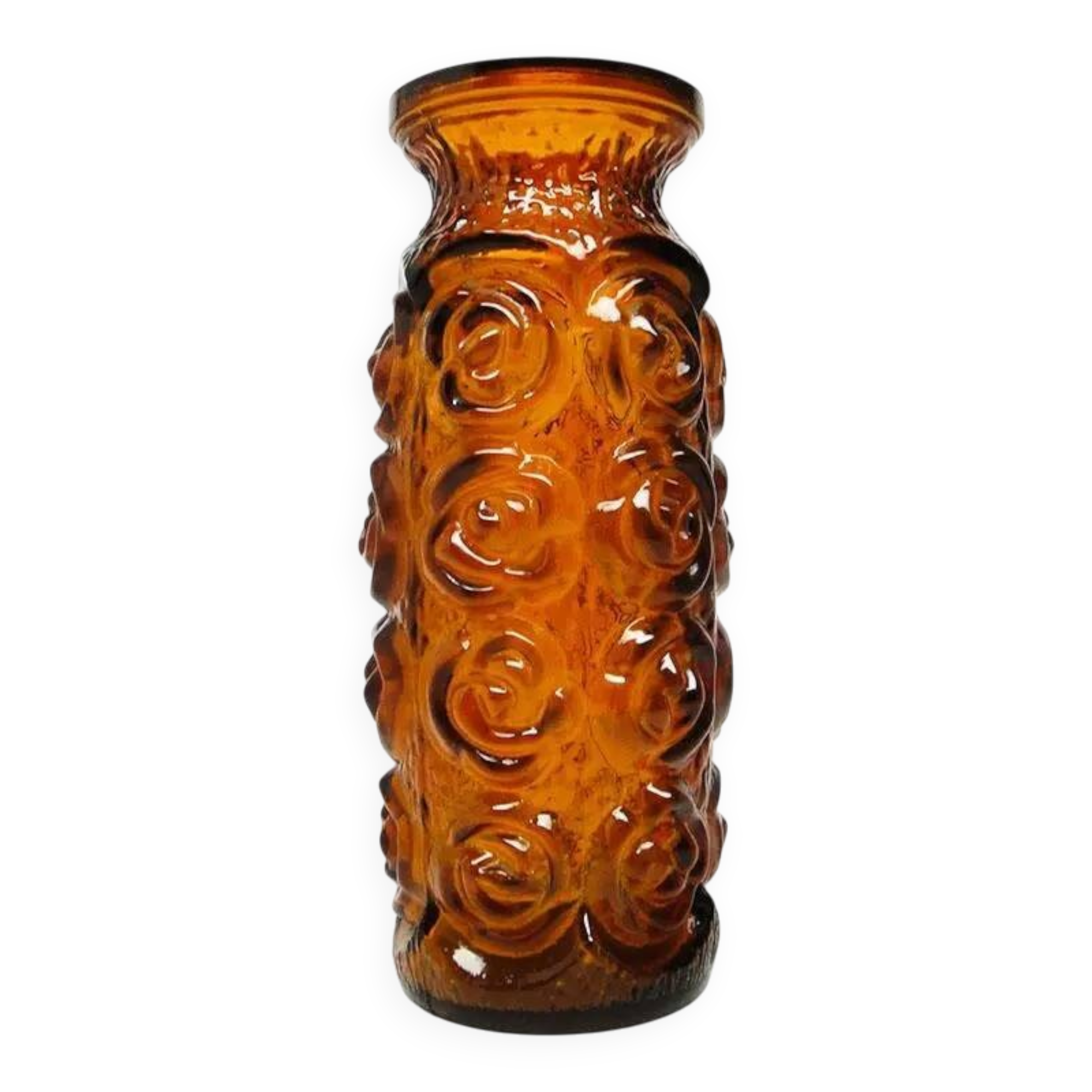 Vase Art Déco en roses, verre pressé orange, Huta Laura, Pologne, années 1970