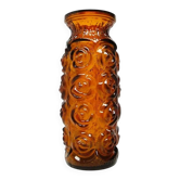 Vase Art Déco en roses, verre pressé orange, Huta Laura, Pologne, années 1970
