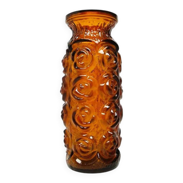 Art Deco Roses vase, orange pressed glass, Huta Laura, Poland, 1970s