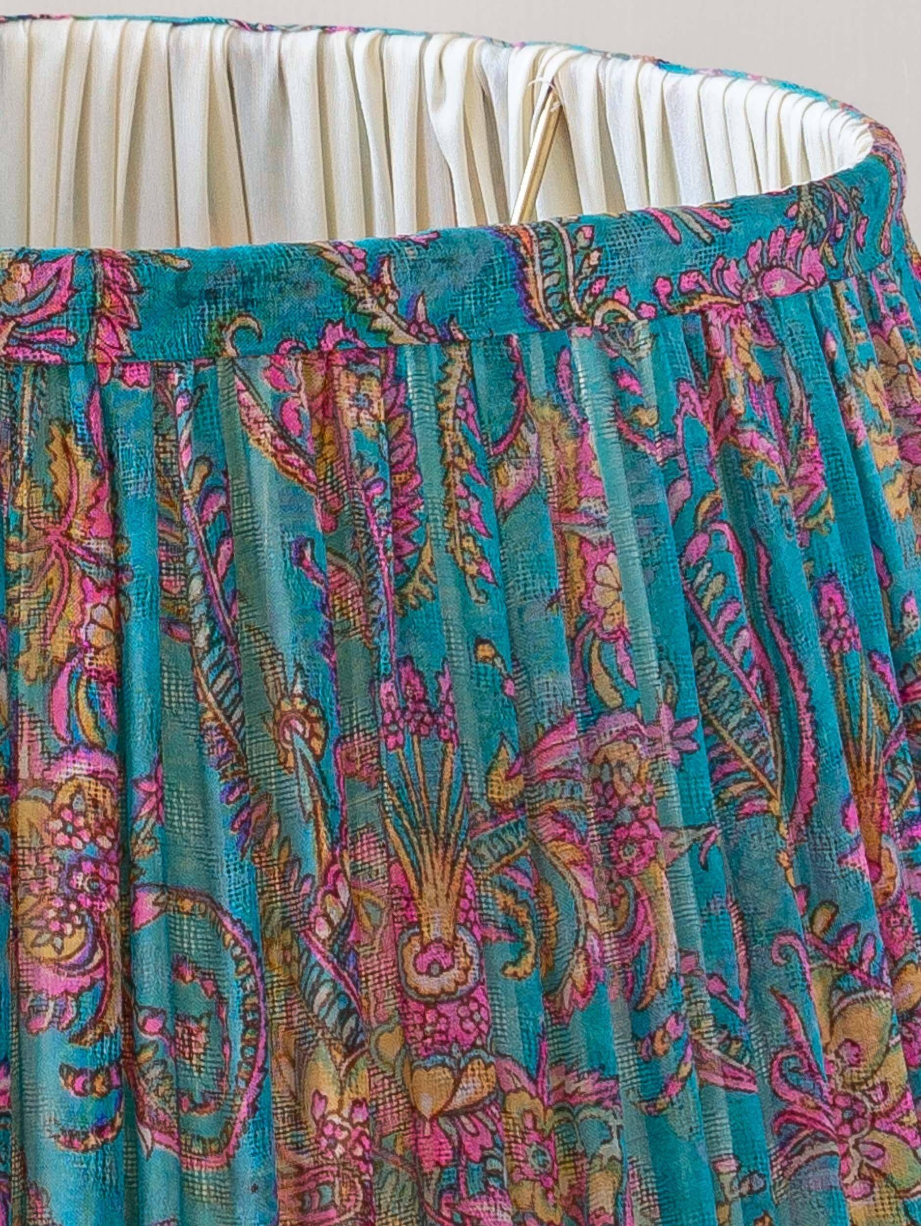 New handcrafted lampshade in vintage silk sari, turquoise pink floral.