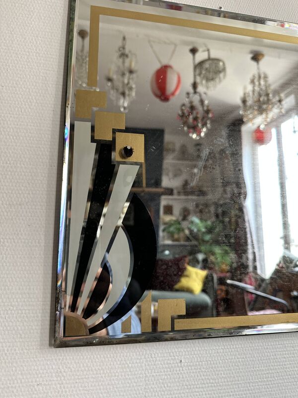 Miroir biseauté à motifs Art Deco peint à la main - 1930
