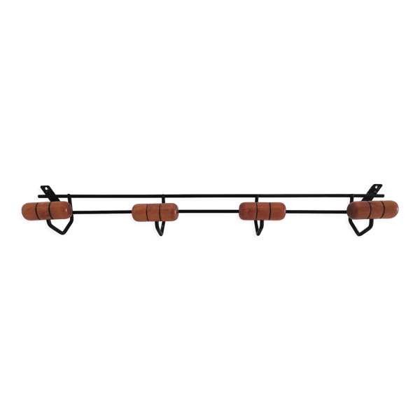 Porte-manteau moderniste mural métal et bois design années 60