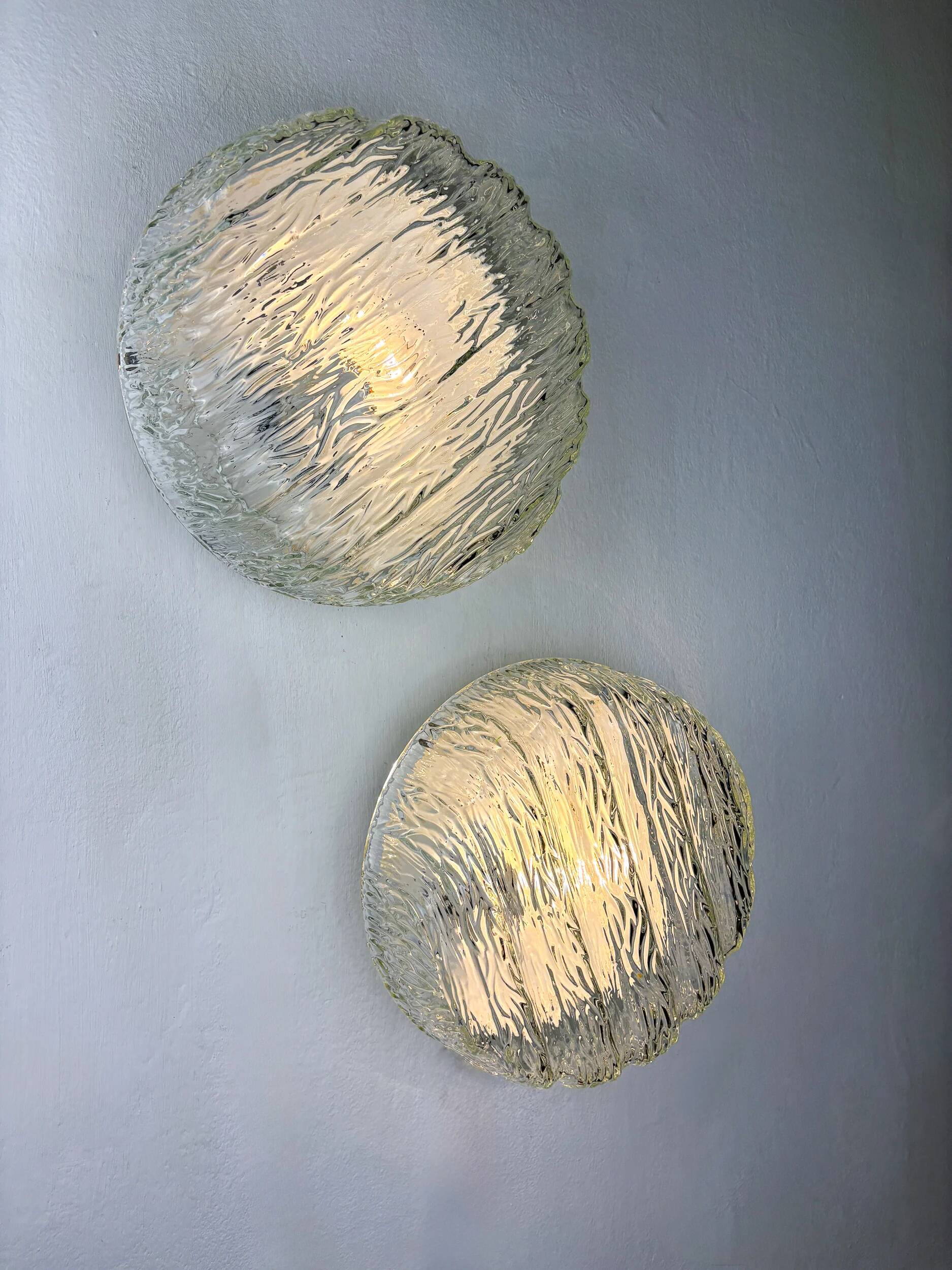 Pair of frozen glass round sconces, Germany, 1960s