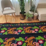 Romanian wool vintage carpet floral design and brown leaves