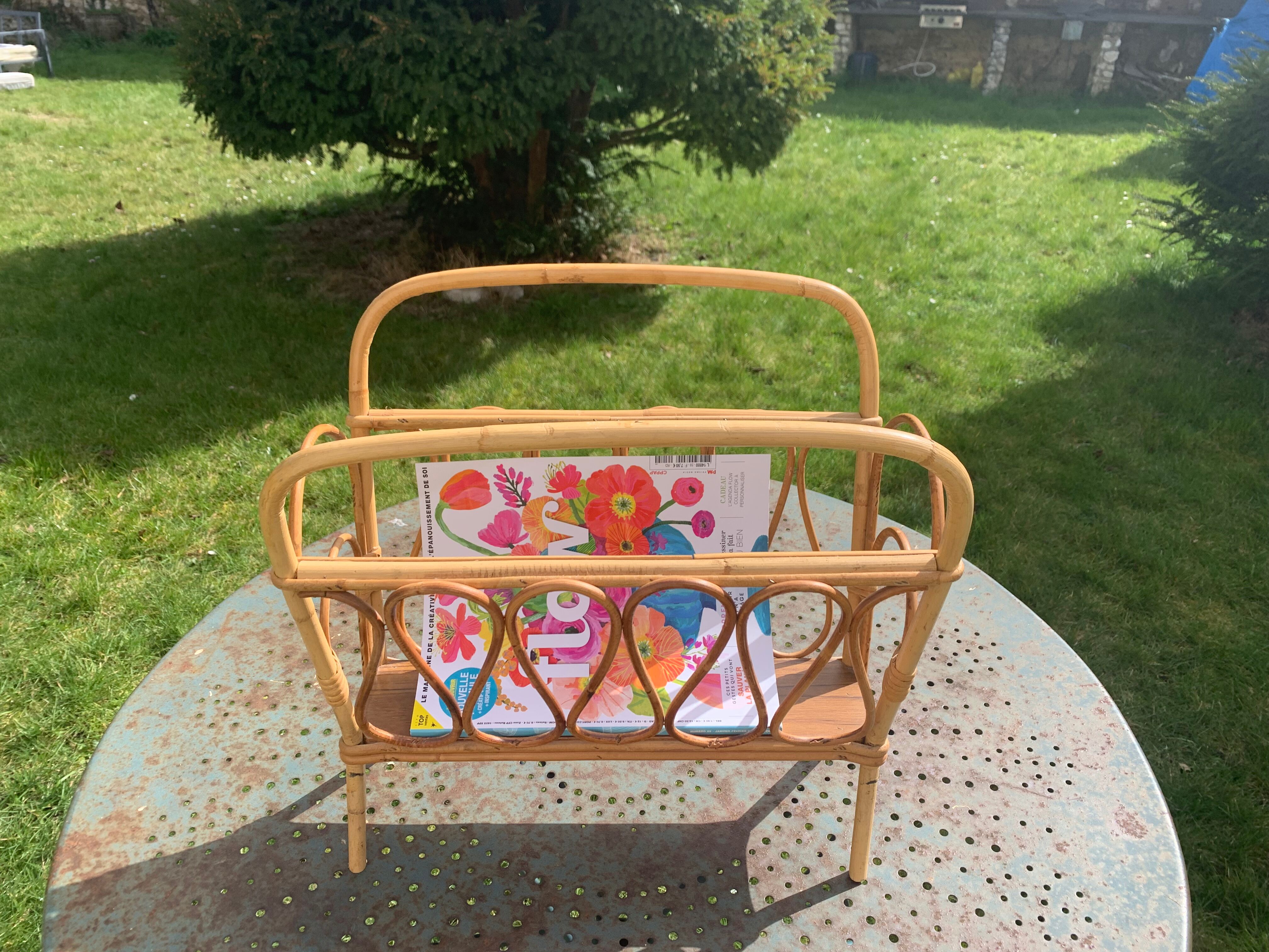 Vintage bamboo and rattan magazine holder 1960