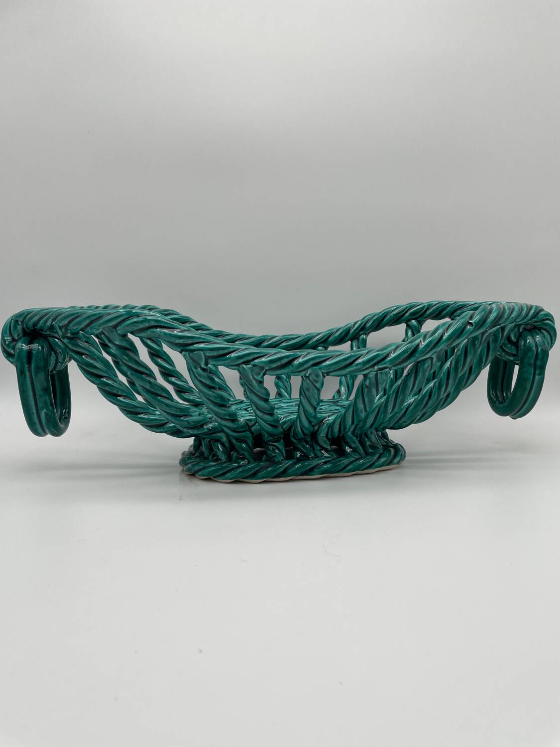 Vintage fruit basket in green enamelled woven earthenware