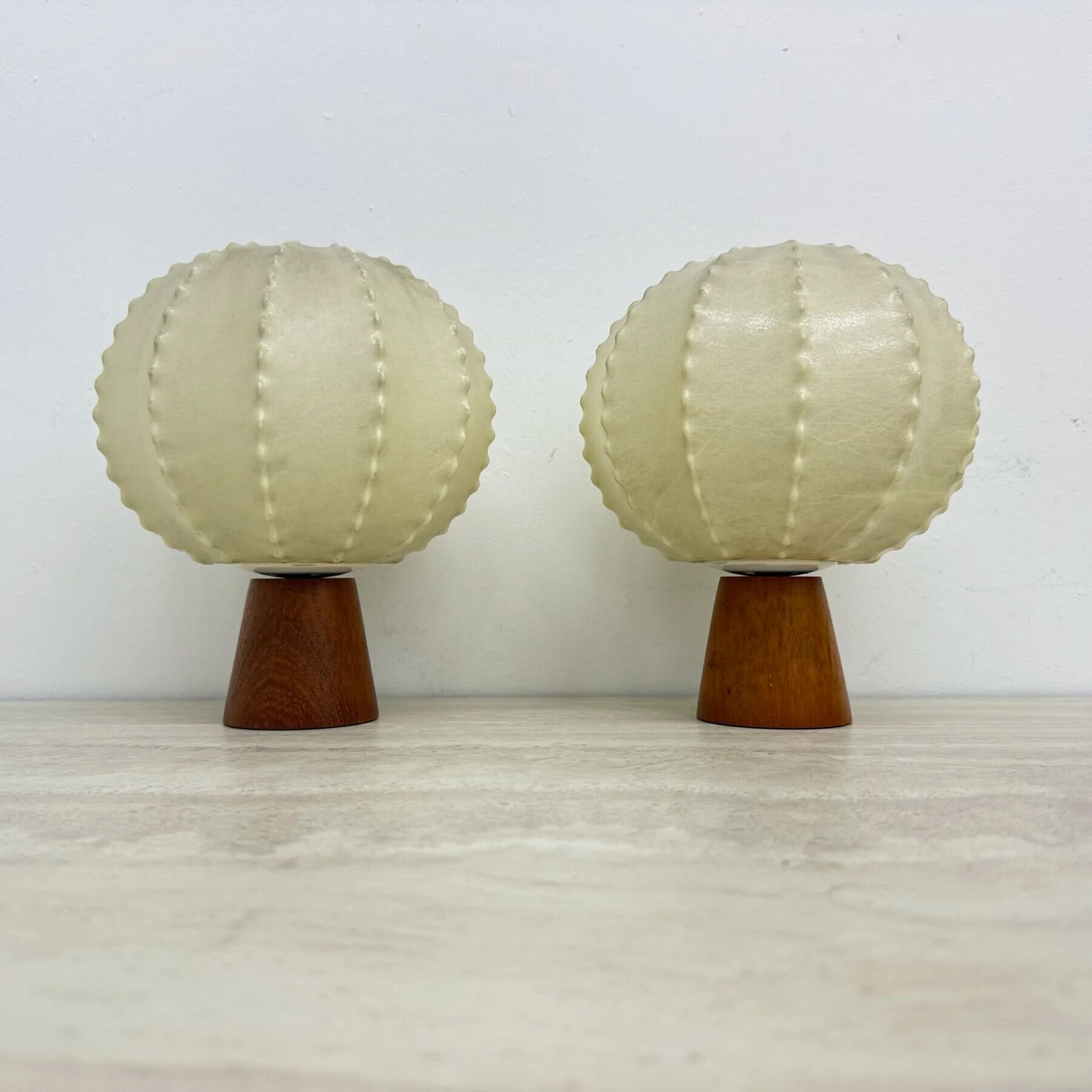 Pair of Goldkant Leuchten cocoon with teak base table lamps, 1970s