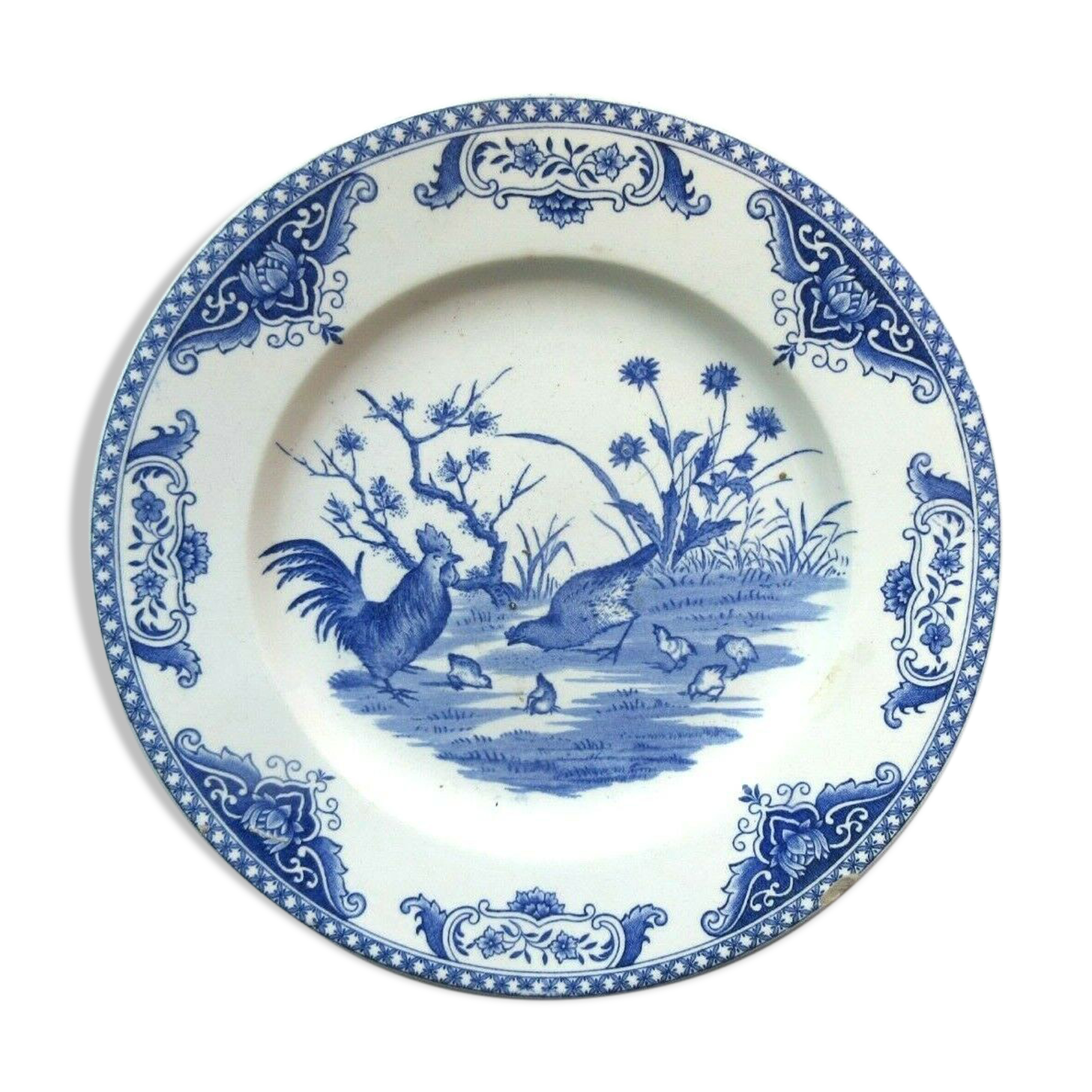 Gien art nouveau plate, blue décor, rooster, chicken and chicks