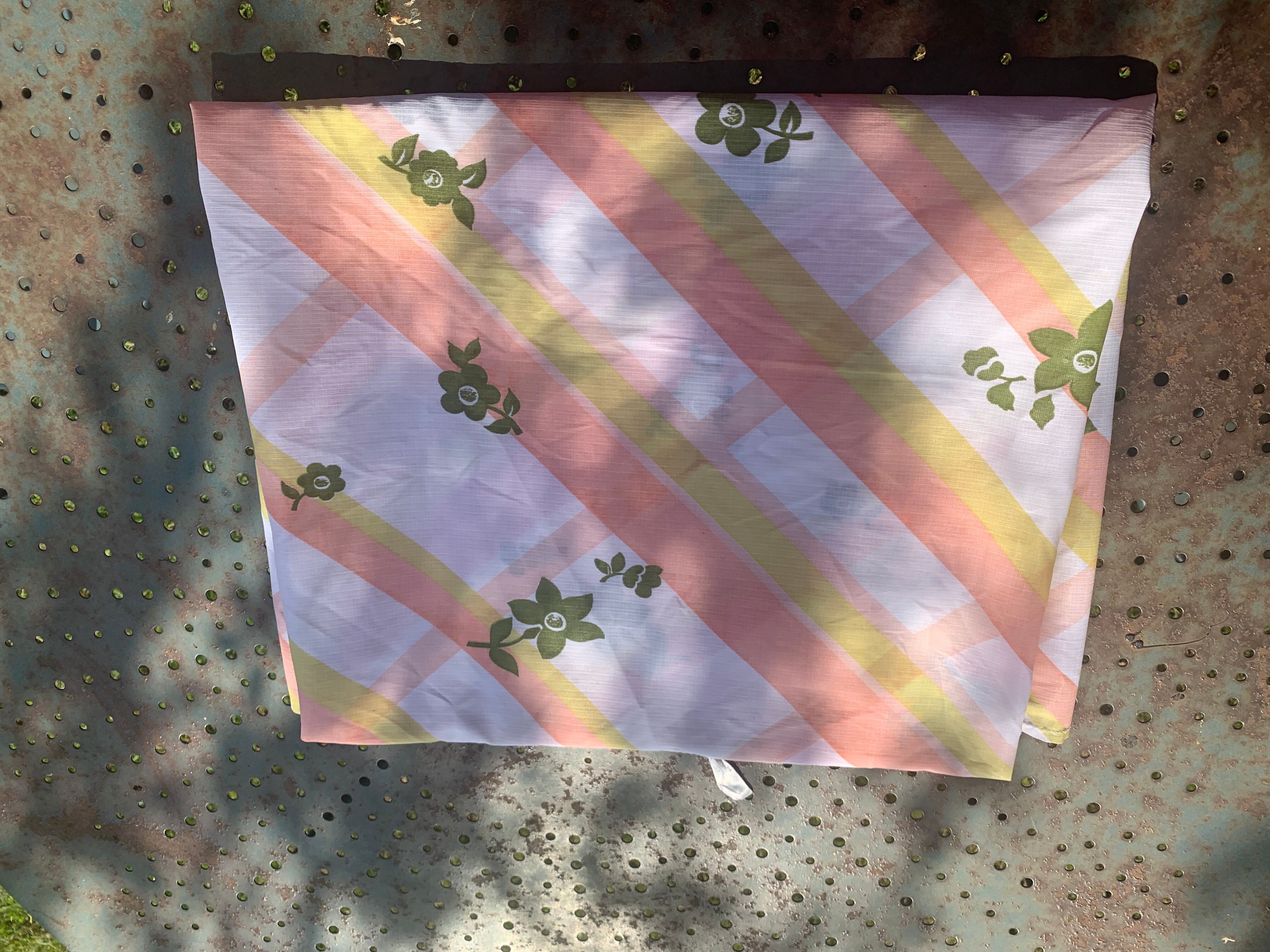 Tergal tablecloth with orange stripes and vintage khaki flowers 1970