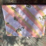 Nappe en Tergal à rayures orange et fleurs kaki vintage 1970