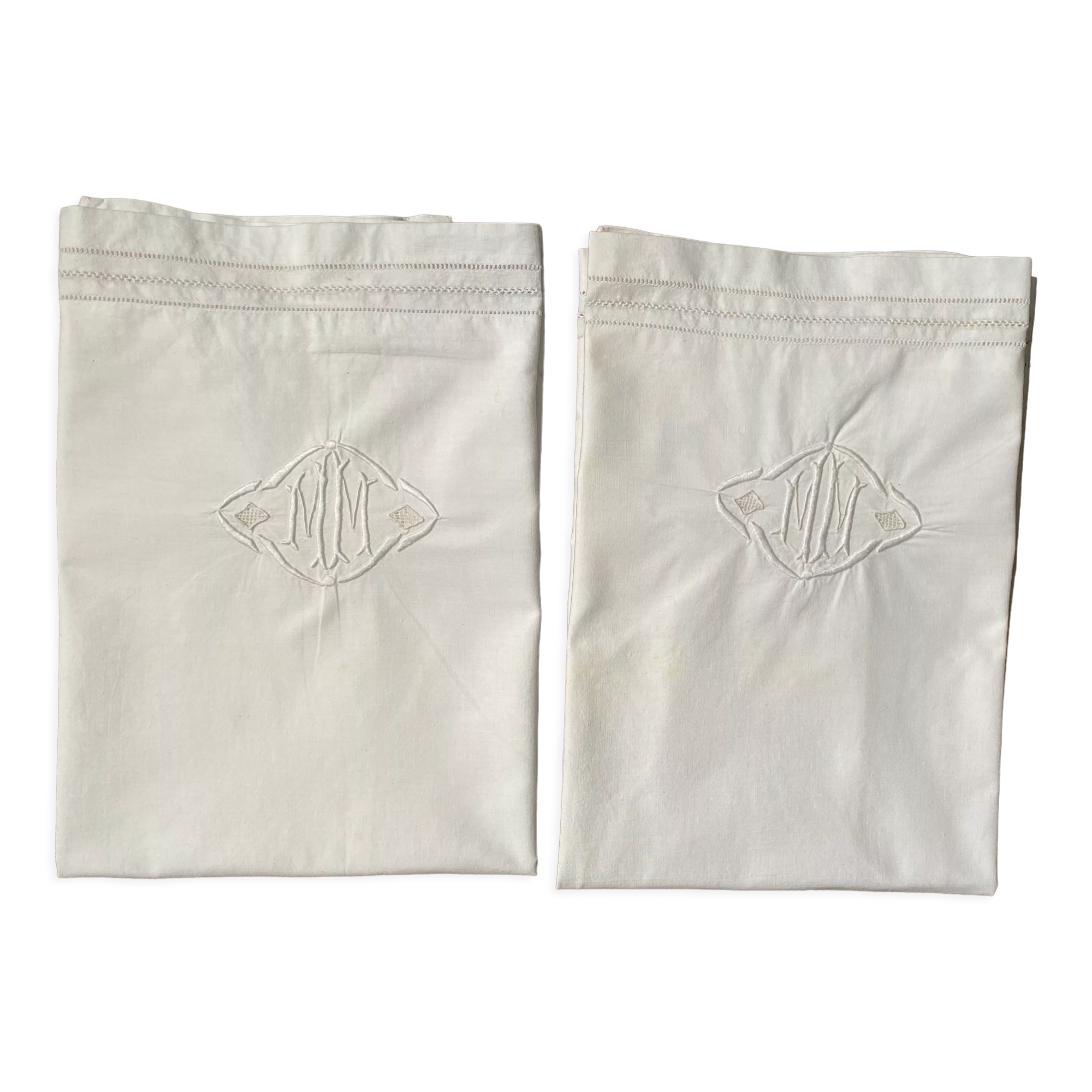 Pair of antique MM embroidered pillowcases