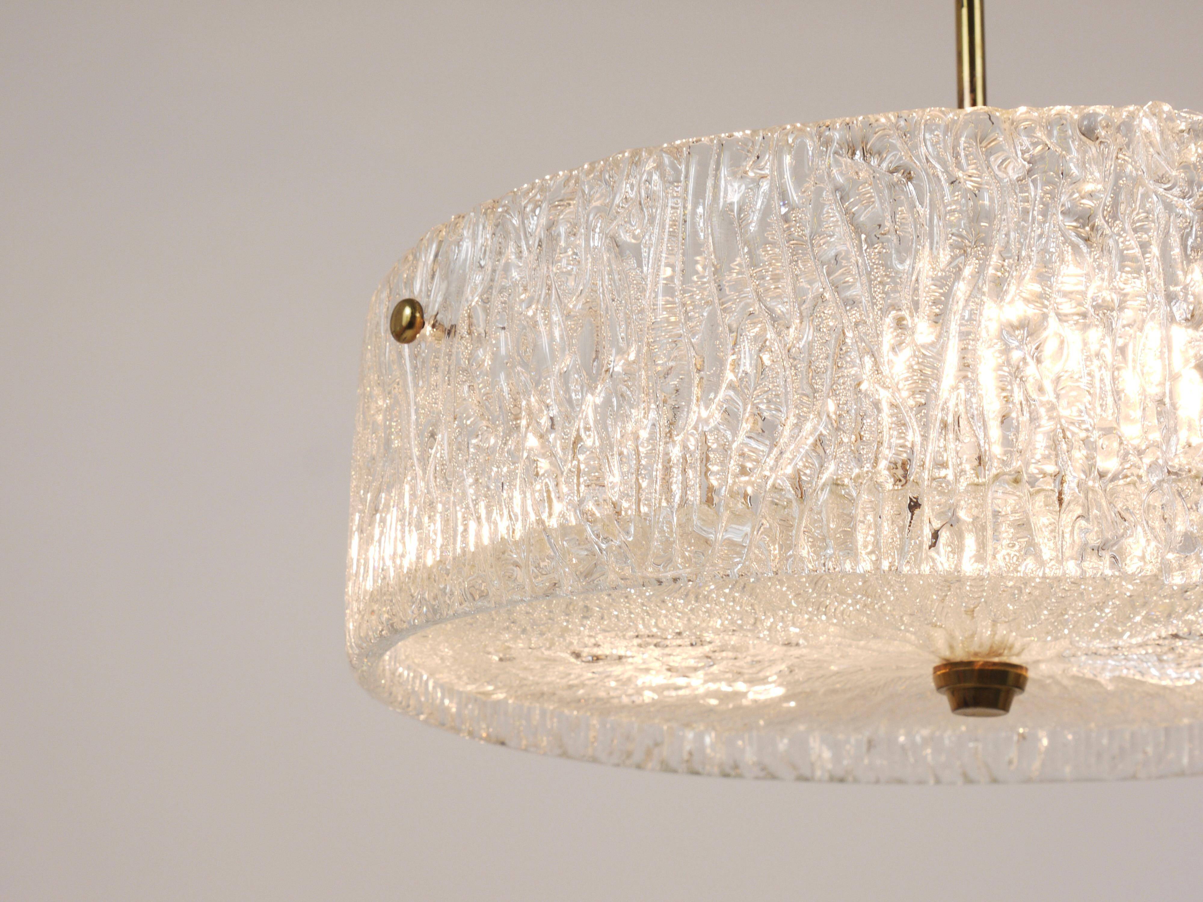 J.T. Kalmar Lustre pendant light in brass and textured glass, 1950s
