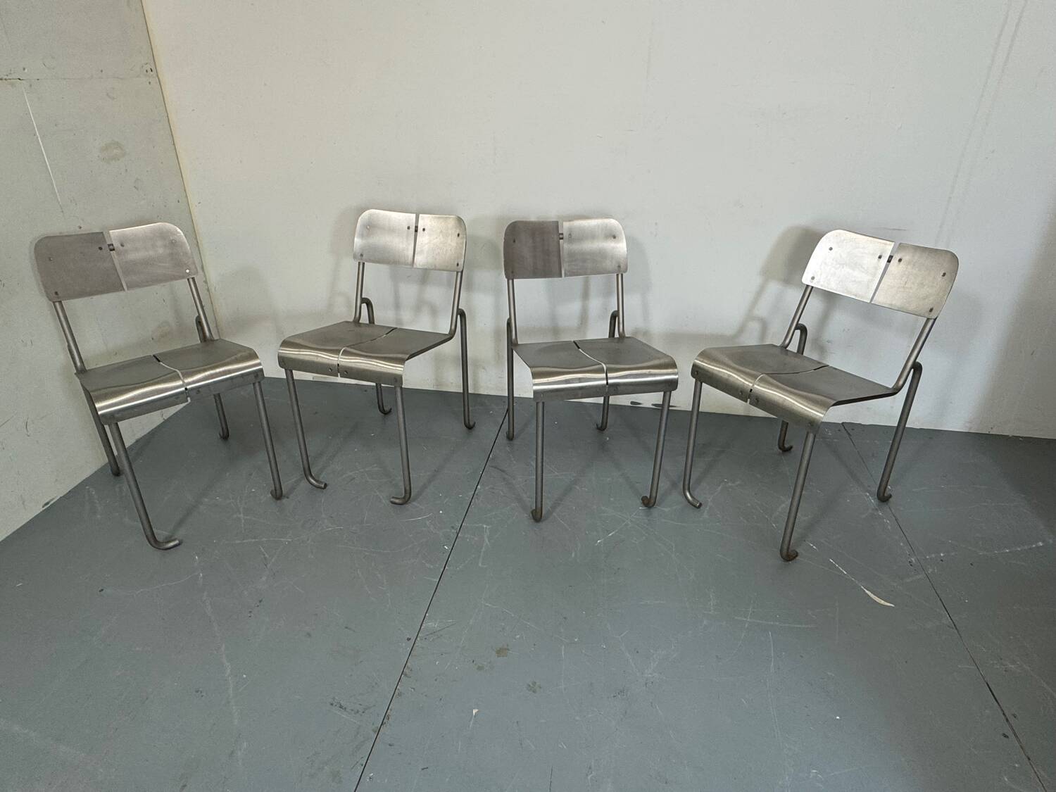 Memphis Architectural Stainless Steel French Dining Chairs, 1980s Set of 4