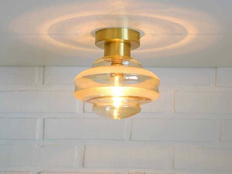 Set Of 2 Vintage Amber Glass Sconces MCM Brass Flush Mount Lights