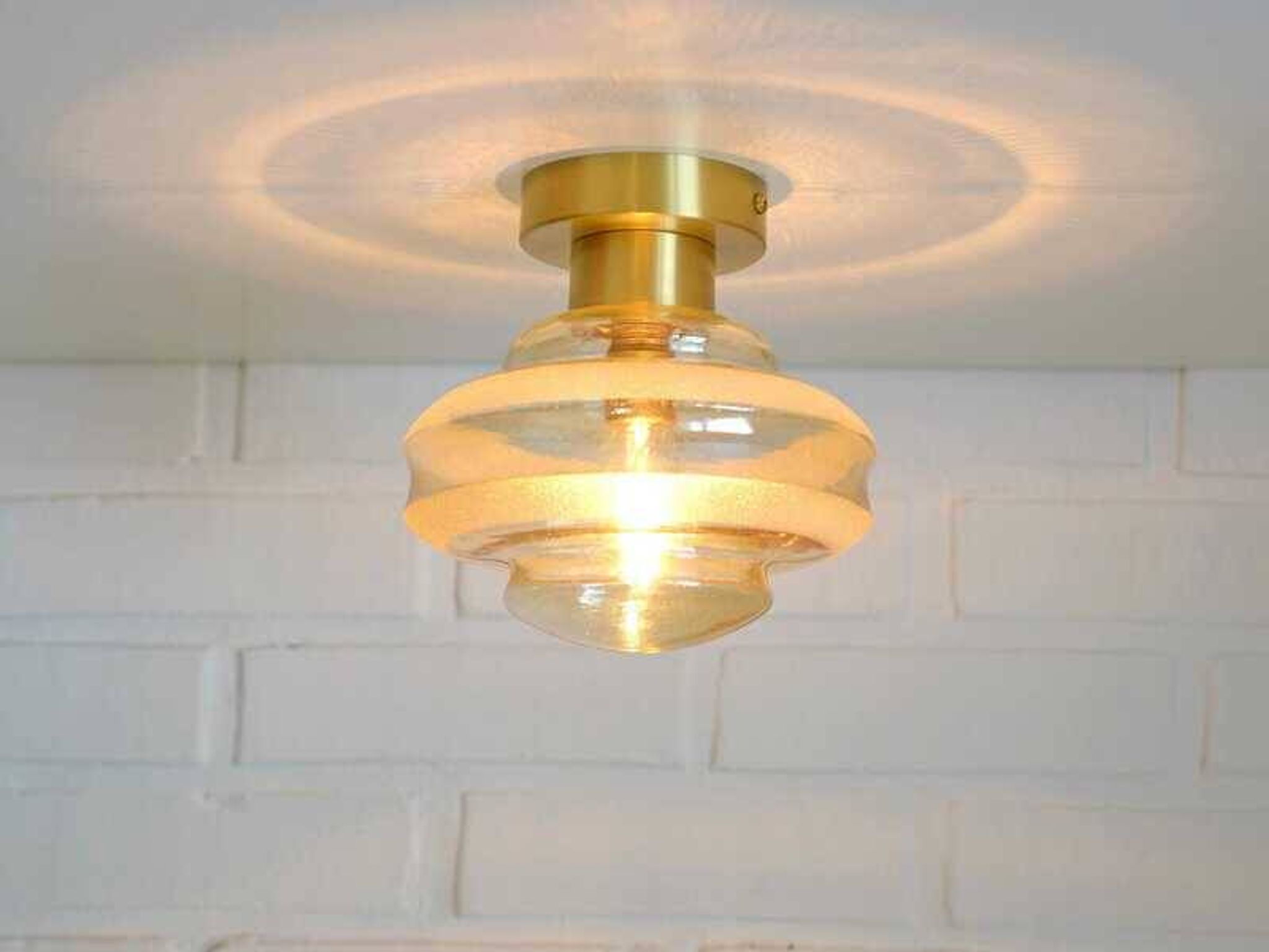 Set Of 2 Vintage Amber Glass Sconces MCM Brass Flush Mount Lights