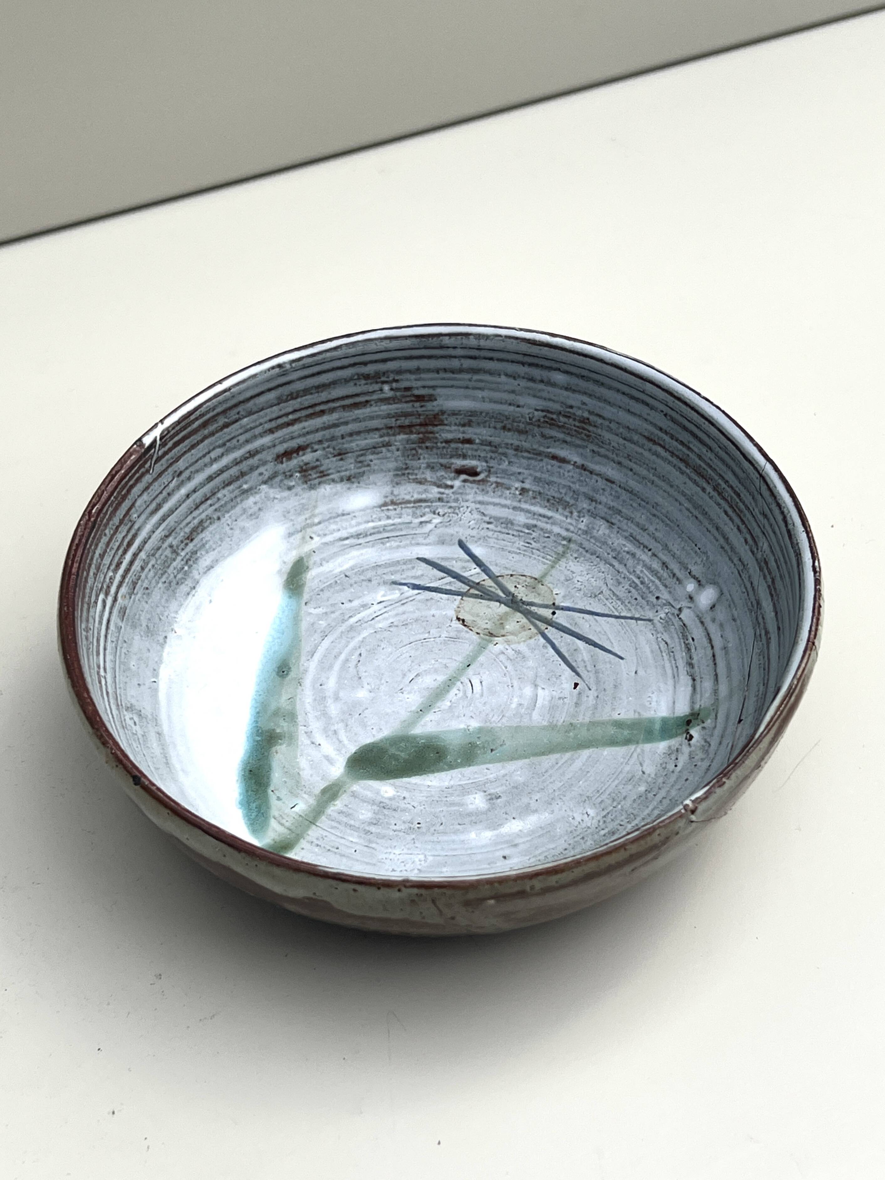 Abstract ceramic glazed pocket bowl, Cecile Dein 1970