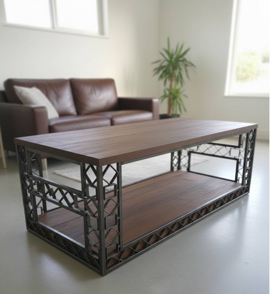 "Signature" coffee table - Cut steel & solid wood - Artisan design