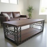 "Signature" coffee table - Cut steel & solid wood - Artisan design