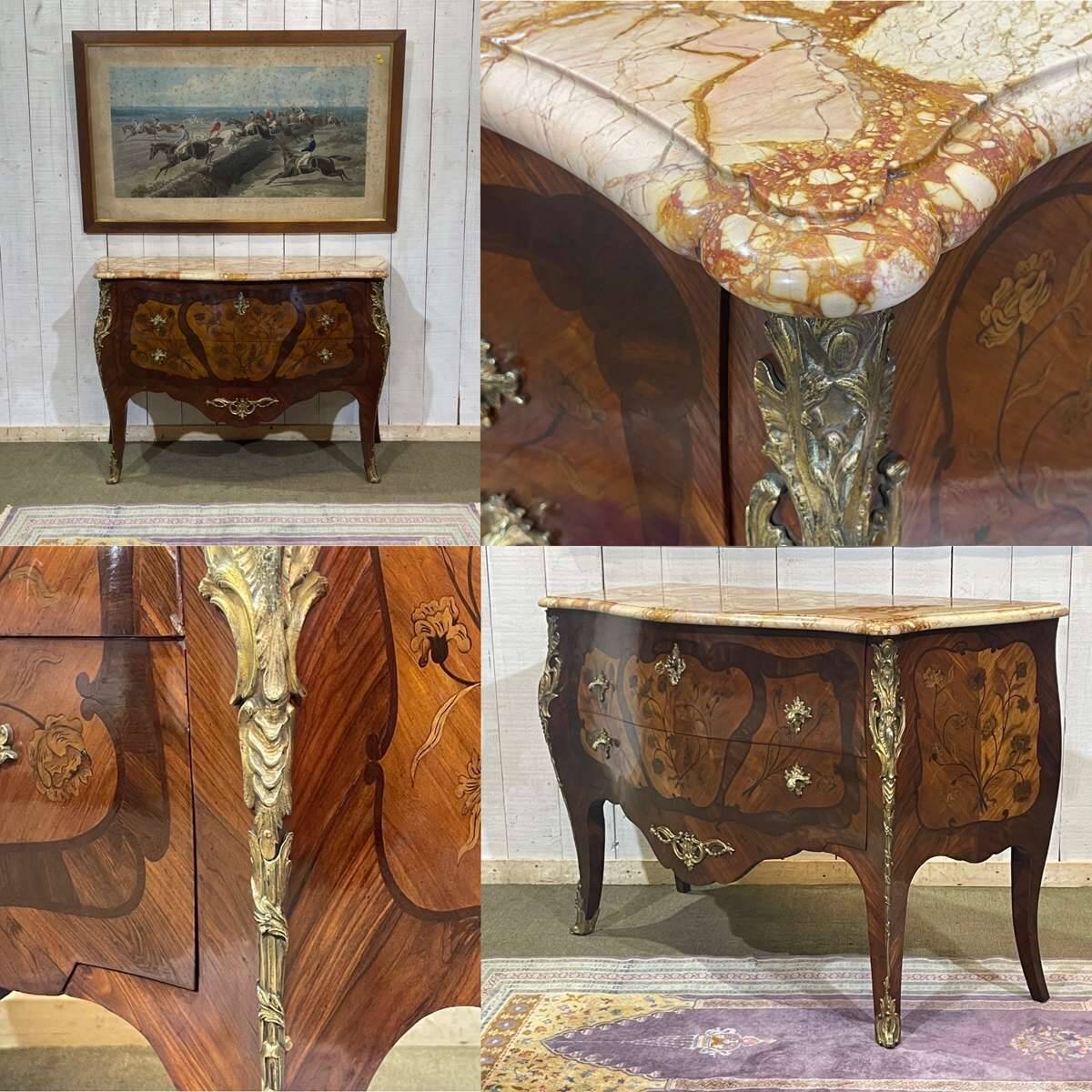 Commode de style Louis XV en bois de rose, chêne et dessus marbre