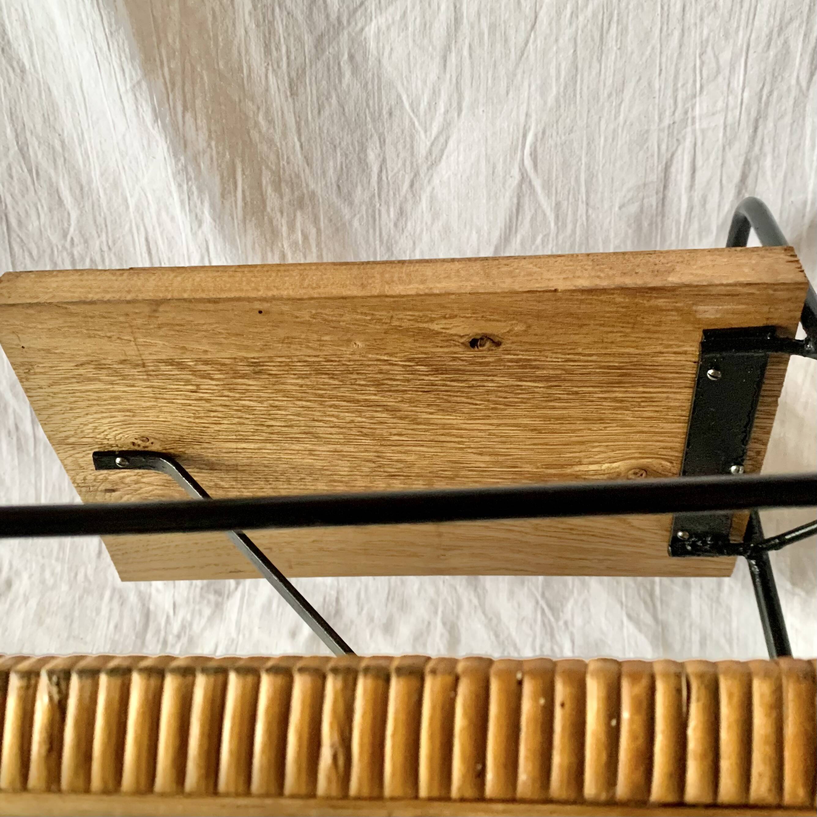 Vintage magazine rack in black metal, wood and rattan with ceramic ashtray