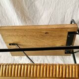 Vintage magazine rack in black metal, wood and rattan with ceramic ashtray