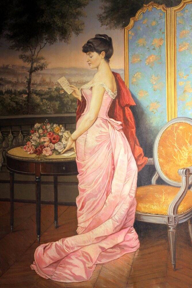 Portrait d'une dame italienne avec paysage florentin, 1890, huile sur toile, encadré.