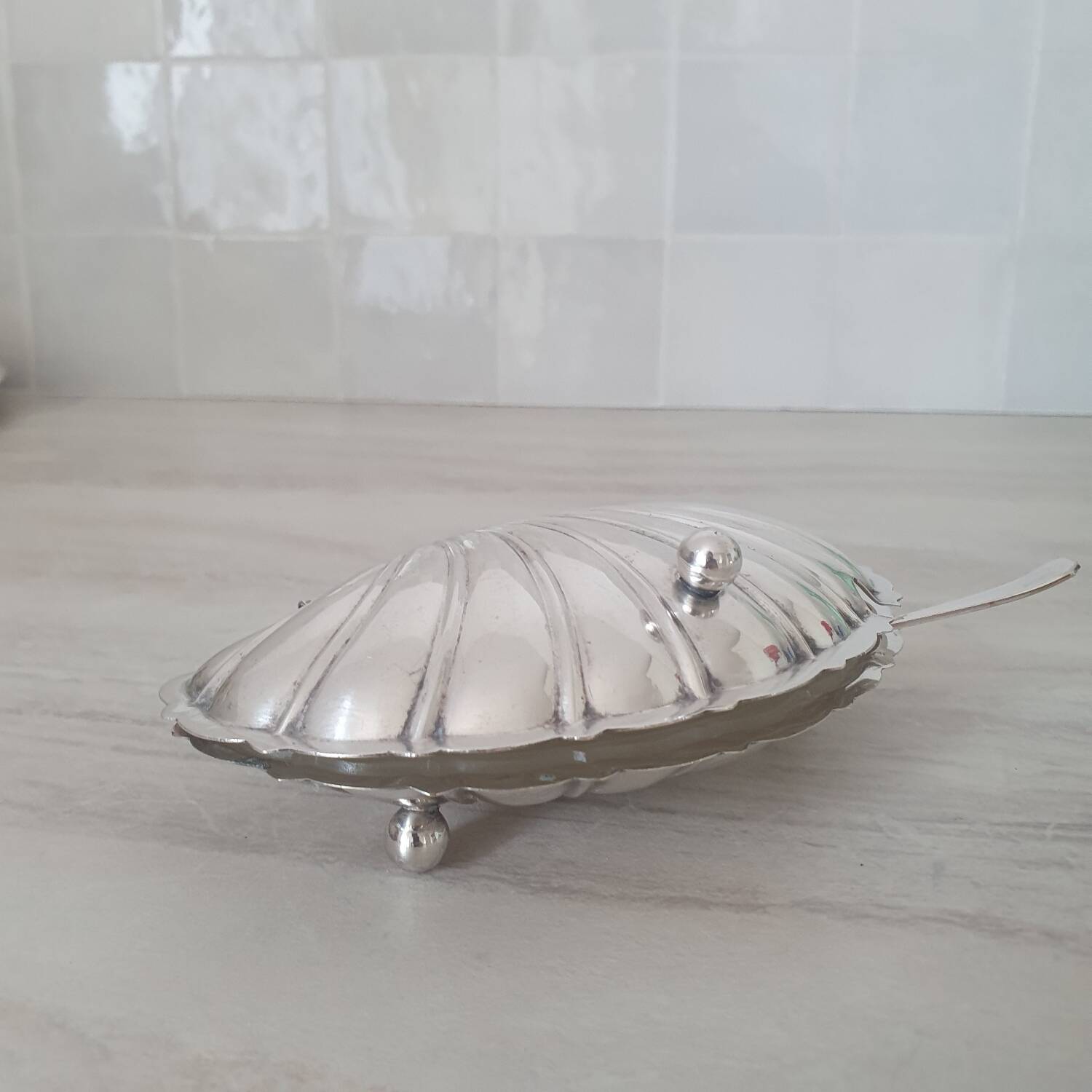 Deschamps Freres butter dish with silver-plated metal shell and V-shaped bowl