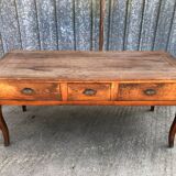 Antique solid cherry farmhouse table with 3 drawers and 2 pulls