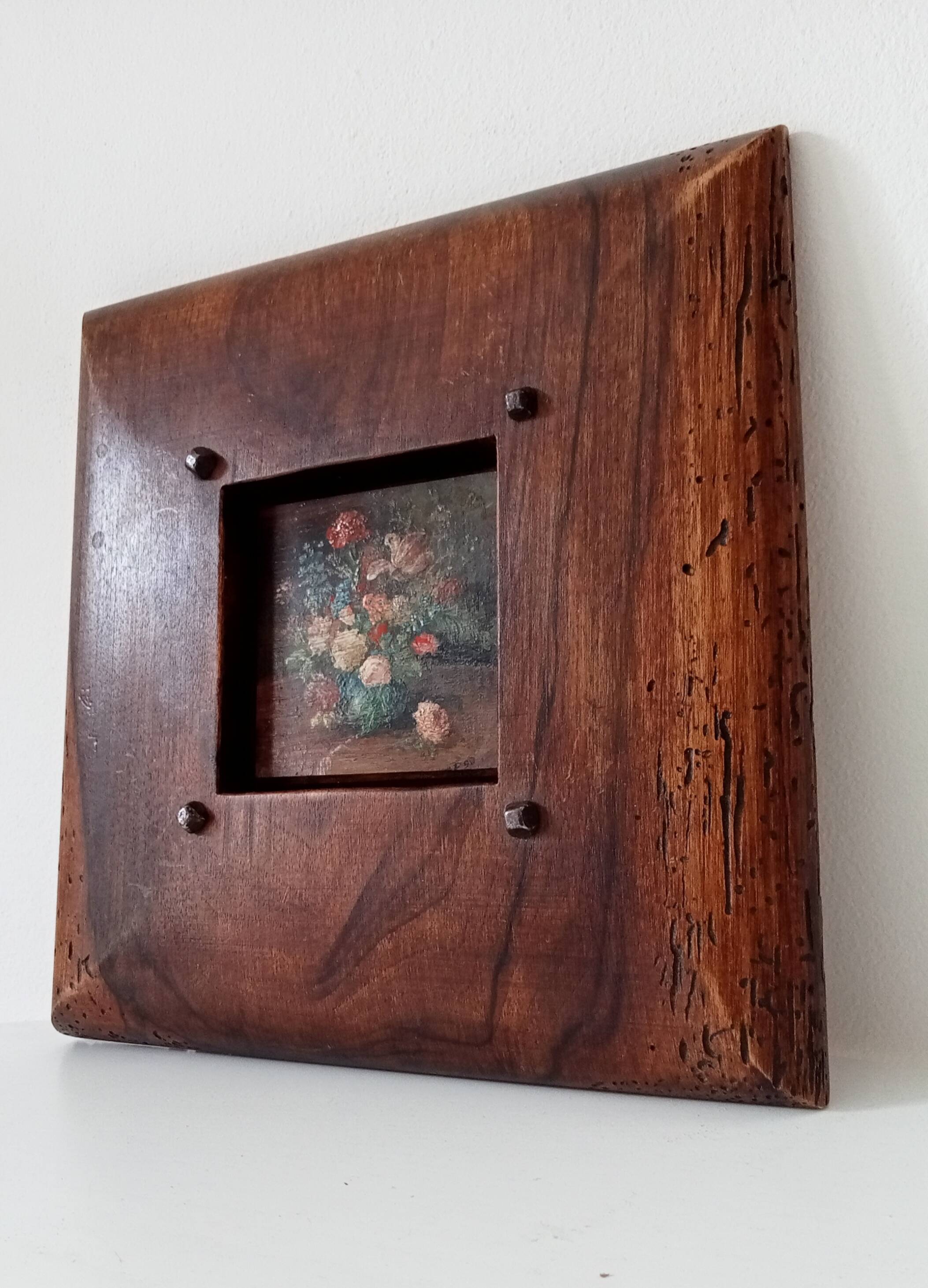 Tableau miniature vintage nature morte huile sur planche