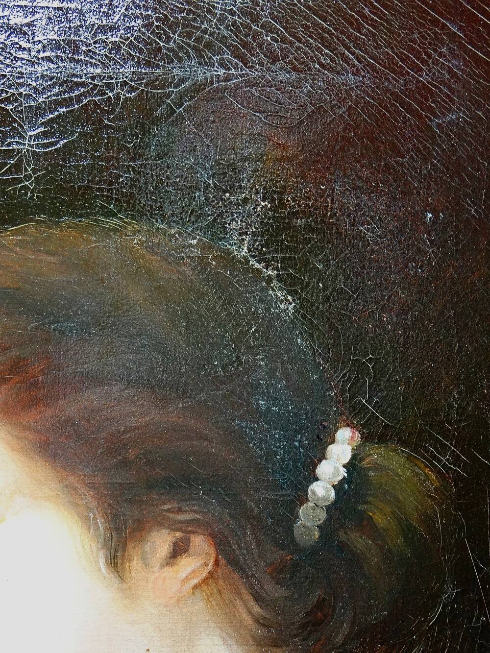 Old portrait of a young woman in profile, oil on canvas A. Piard 19th century