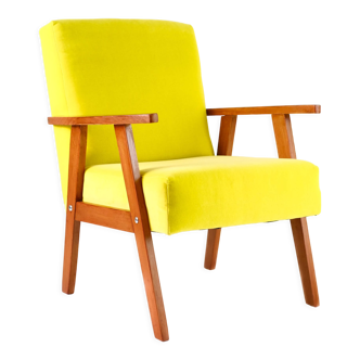 Vintage chick yellow armchair, casal velvet, solid wood, 60s / 70s