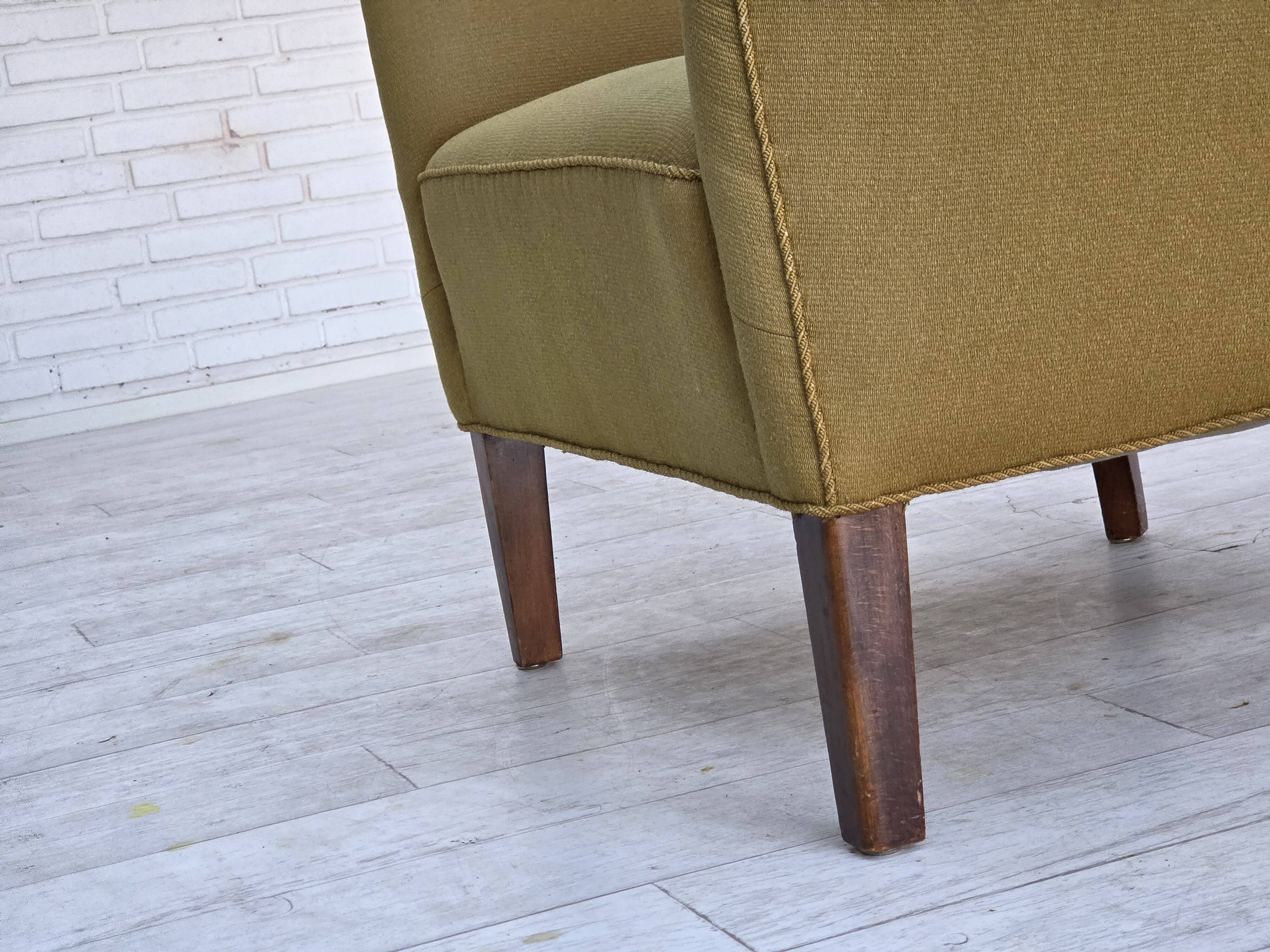 1960s, pair of Danish armchairs, green furniture wool, ash wood legs.