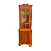 Vitrine d'angle anglaise victorienne bois massif et marqueterie encoignure
