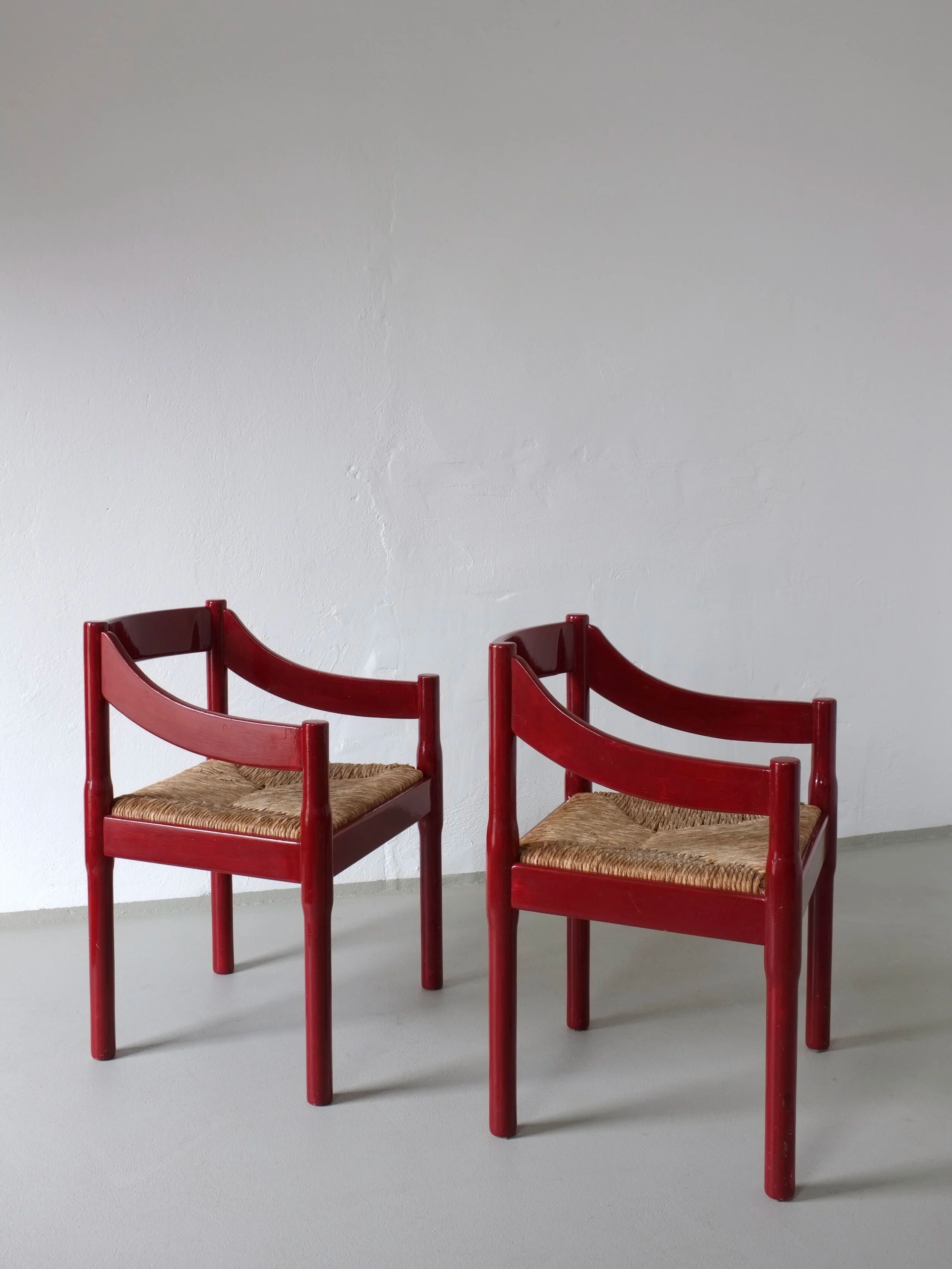 2 red Vico Magistretti “Carimate” style armchairs | Italy | 1970s