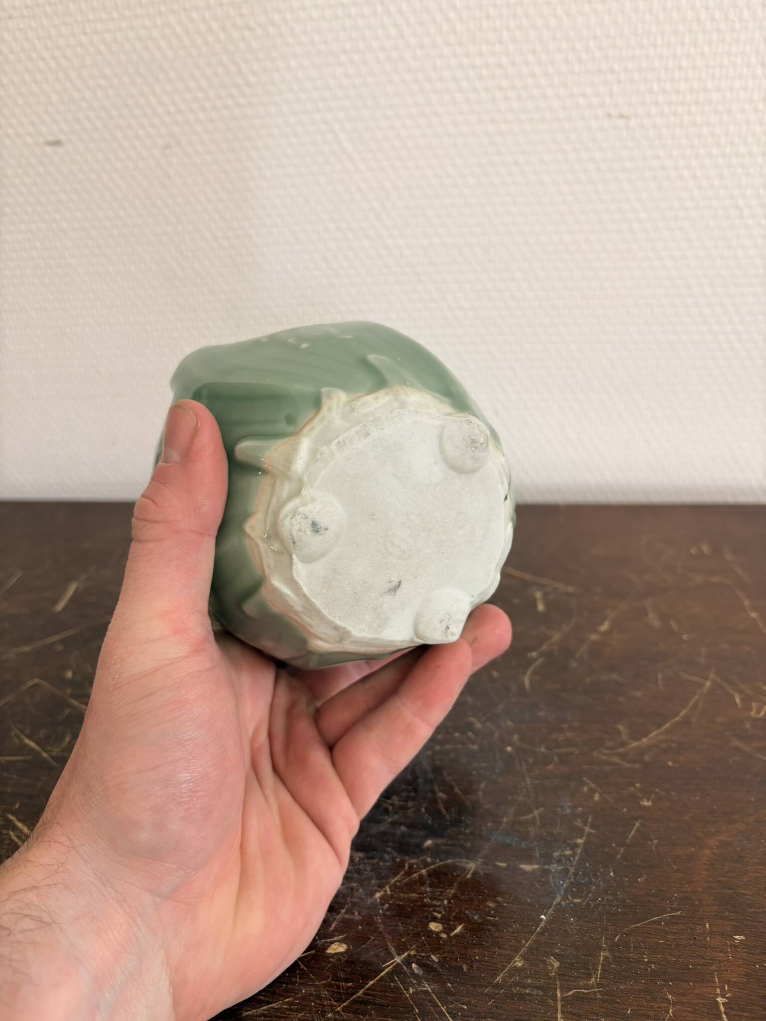 Cendrier rince-pinceaux porcelaine céladon vert caractères Fu Shou