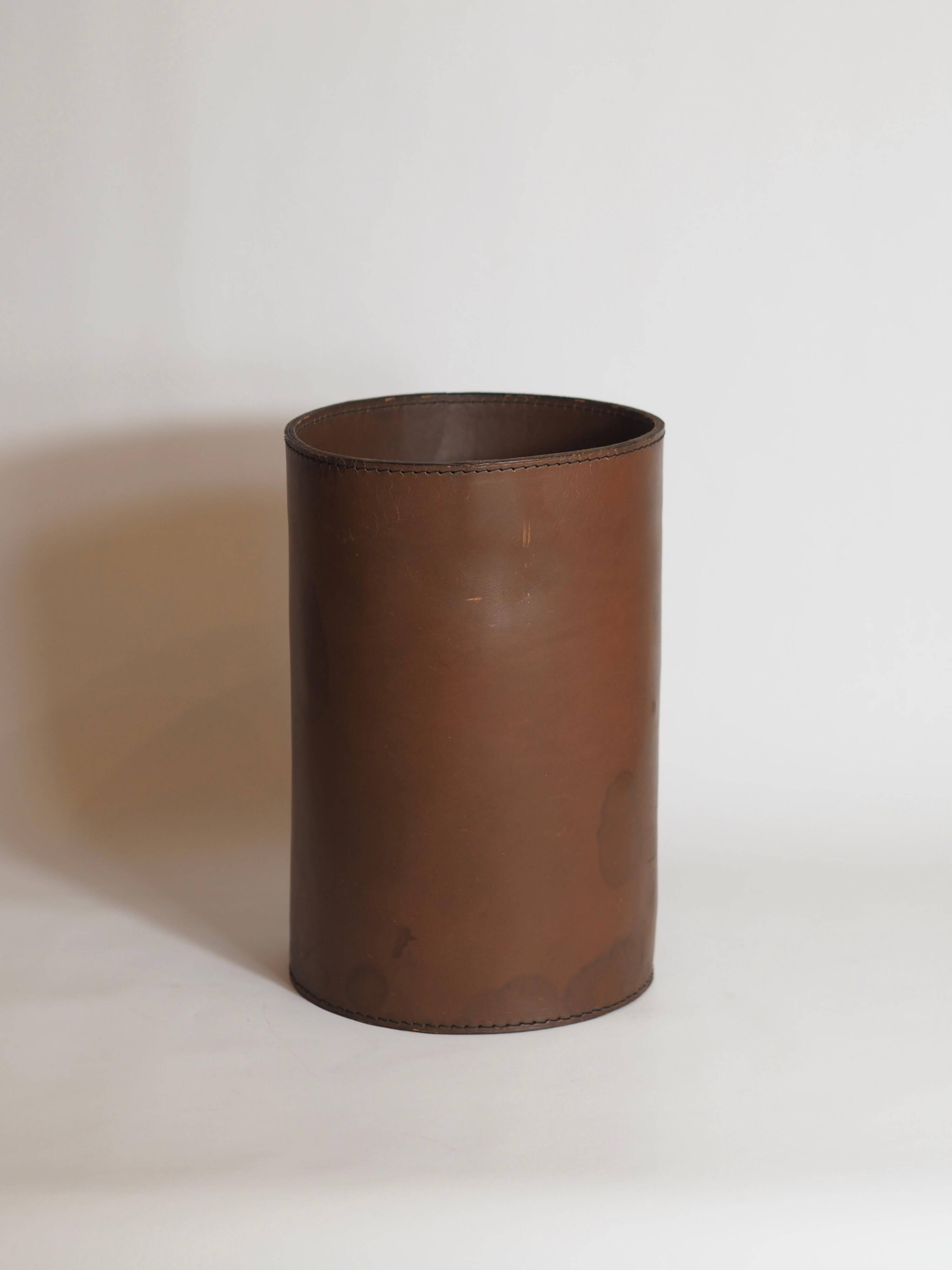 Authentic leather wastebasket/bin by Carl Auböck from the mid-20th century.