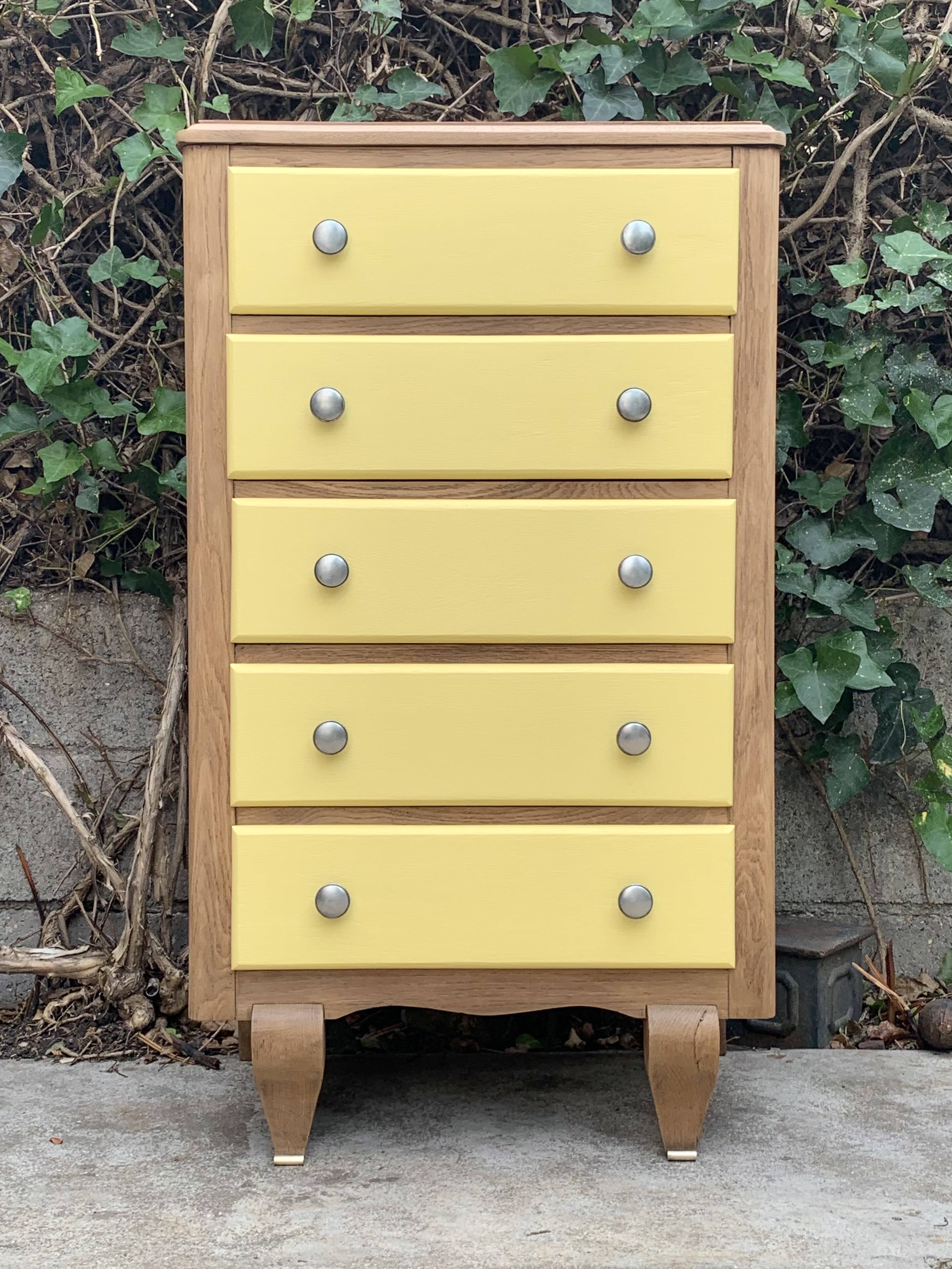 Art Deco chest of drawers in raw oak and yellow