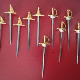 12 aperitif spades in the shape of swords on tray by Toledo Spain 70's