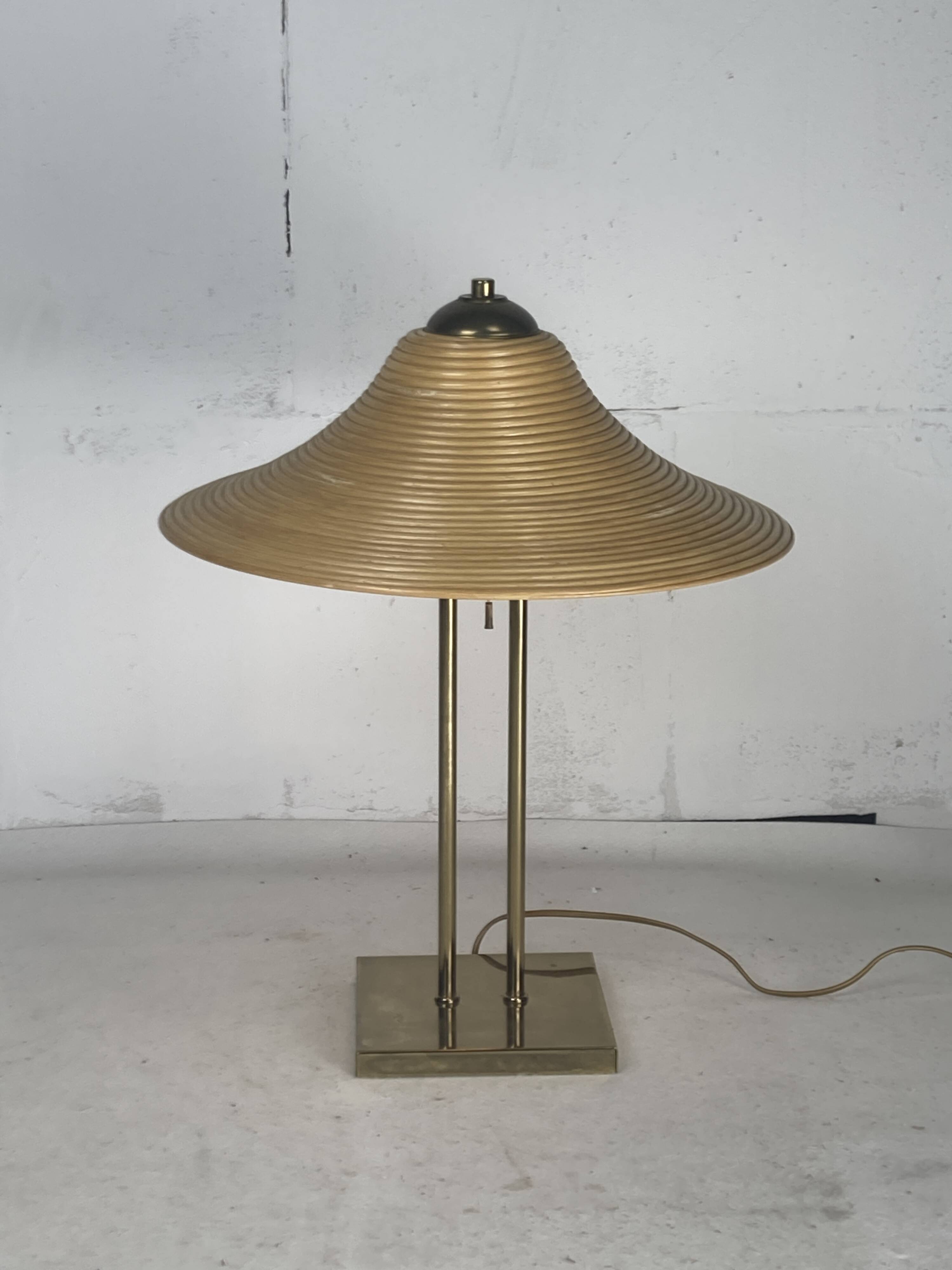 Brass and pencil reed rattan table lamp, Italy 1970s
